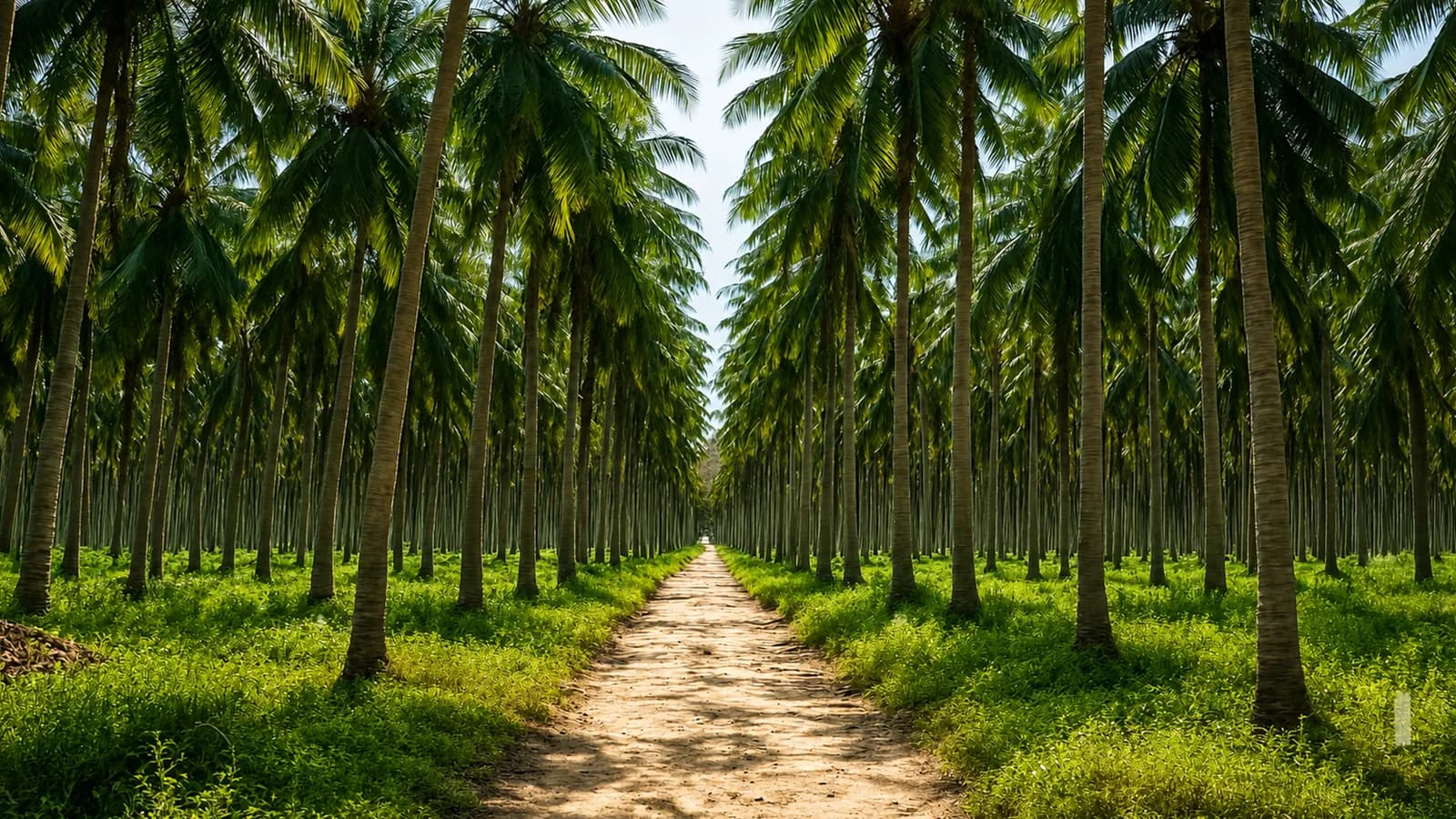 Caminho sombreado atravessando um coqueiral