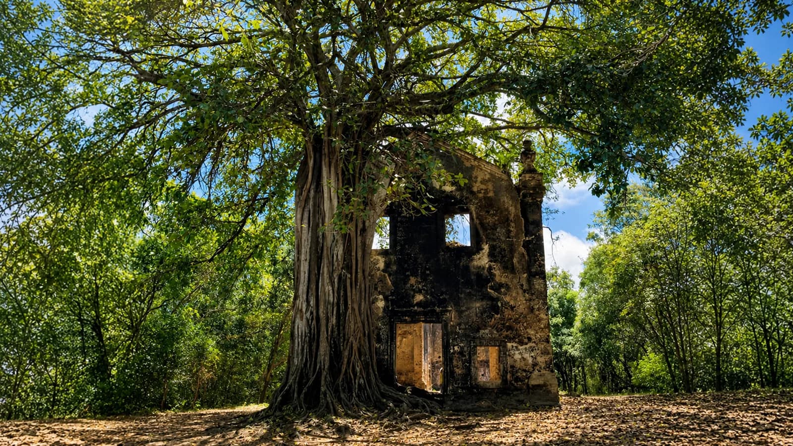 Ruínas da Igreja de Bom Sucesso cercadas por árvores